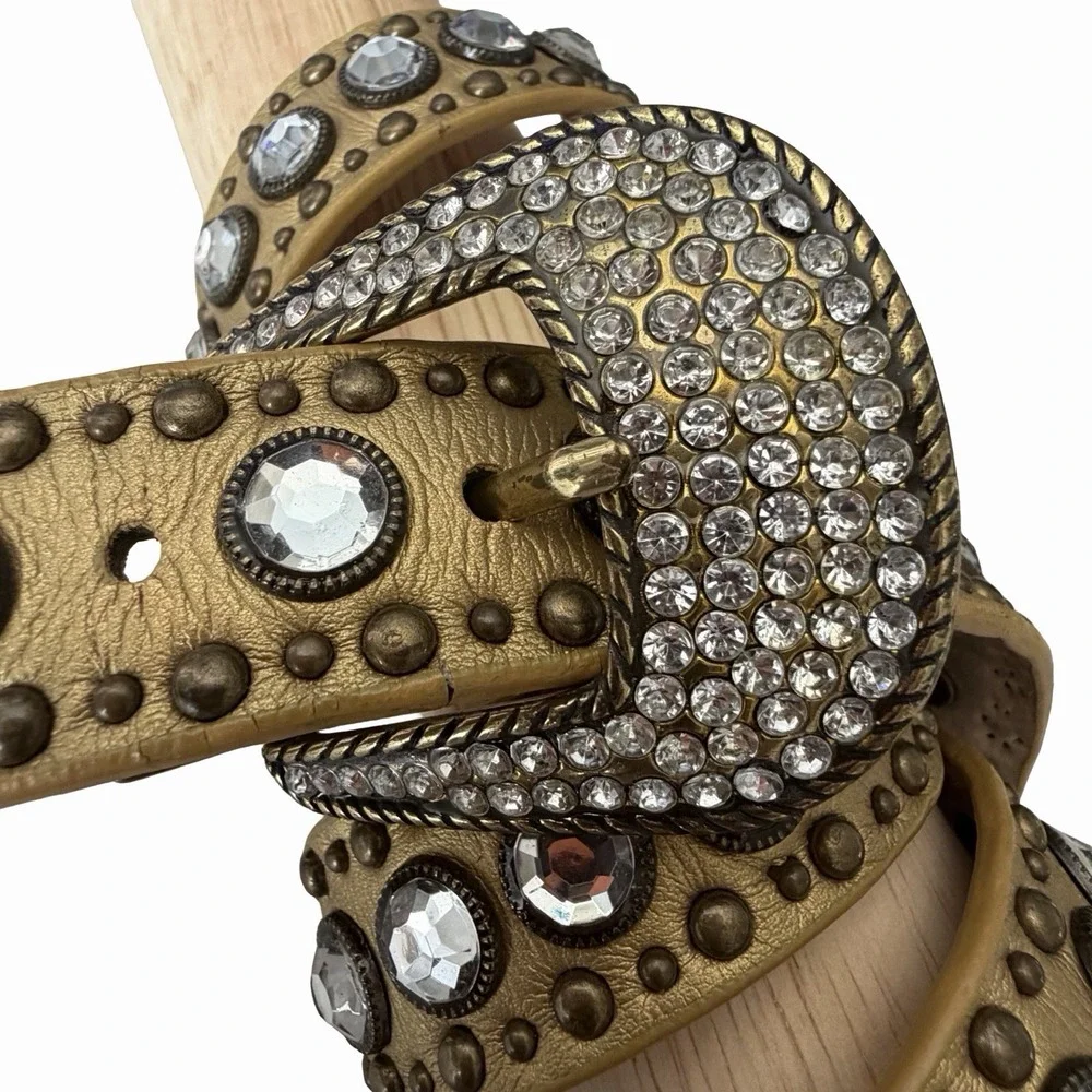 Gold Western Cowgirl Belt Studded Rhinestone Leather Crystals Sz L Rodeo Country